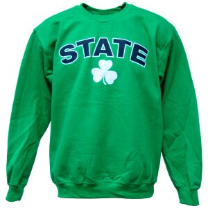 Kelly green crew neck sweatshirt with State arched above clover leaf